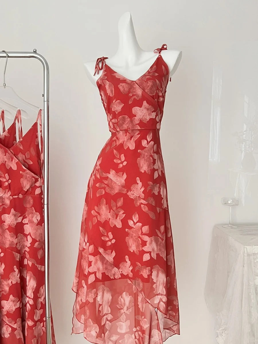 Beautiful Red Printed A-Line V-Neck Bow-Strap Chiffon Long Formal Prom Dress Main image