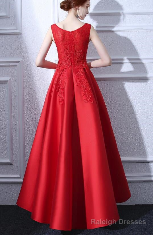 Beautiful Red Satin And Lace High Low Round Neckline Party Dress, Red Party Dress, Red Homecoming Dresses