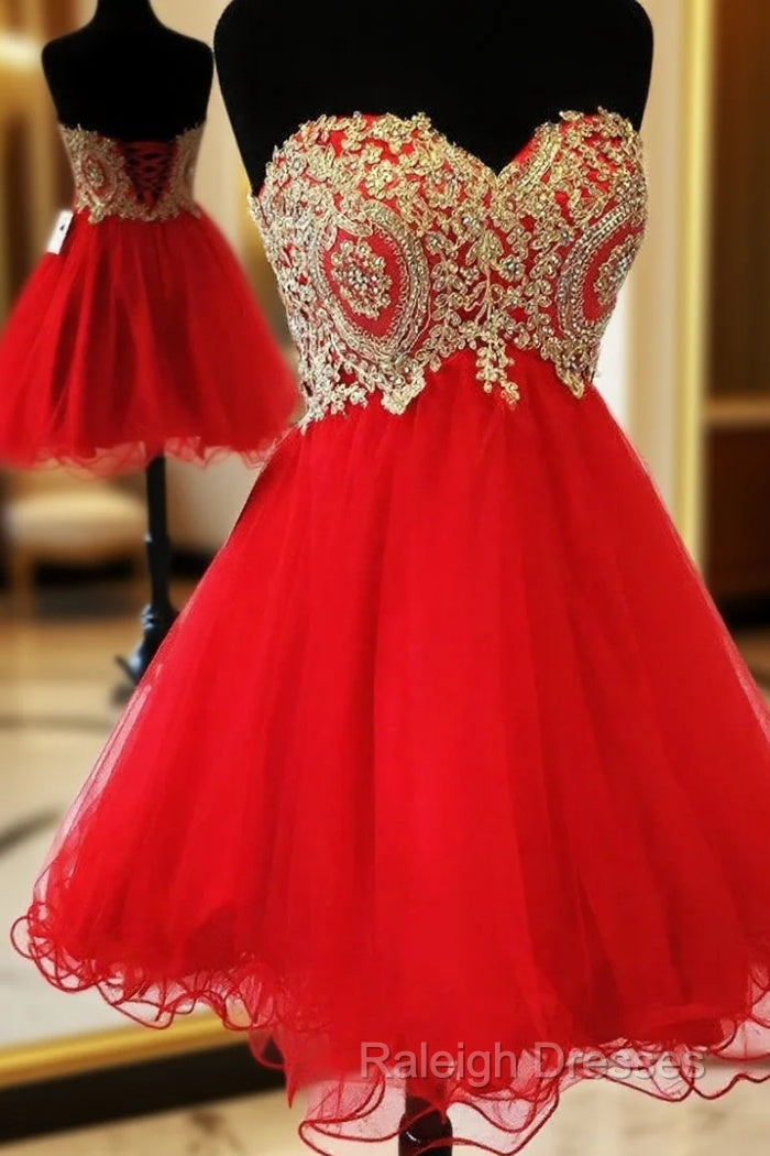 Beautiful Red School Homecoming Dresses Sweetheart Gold Applique