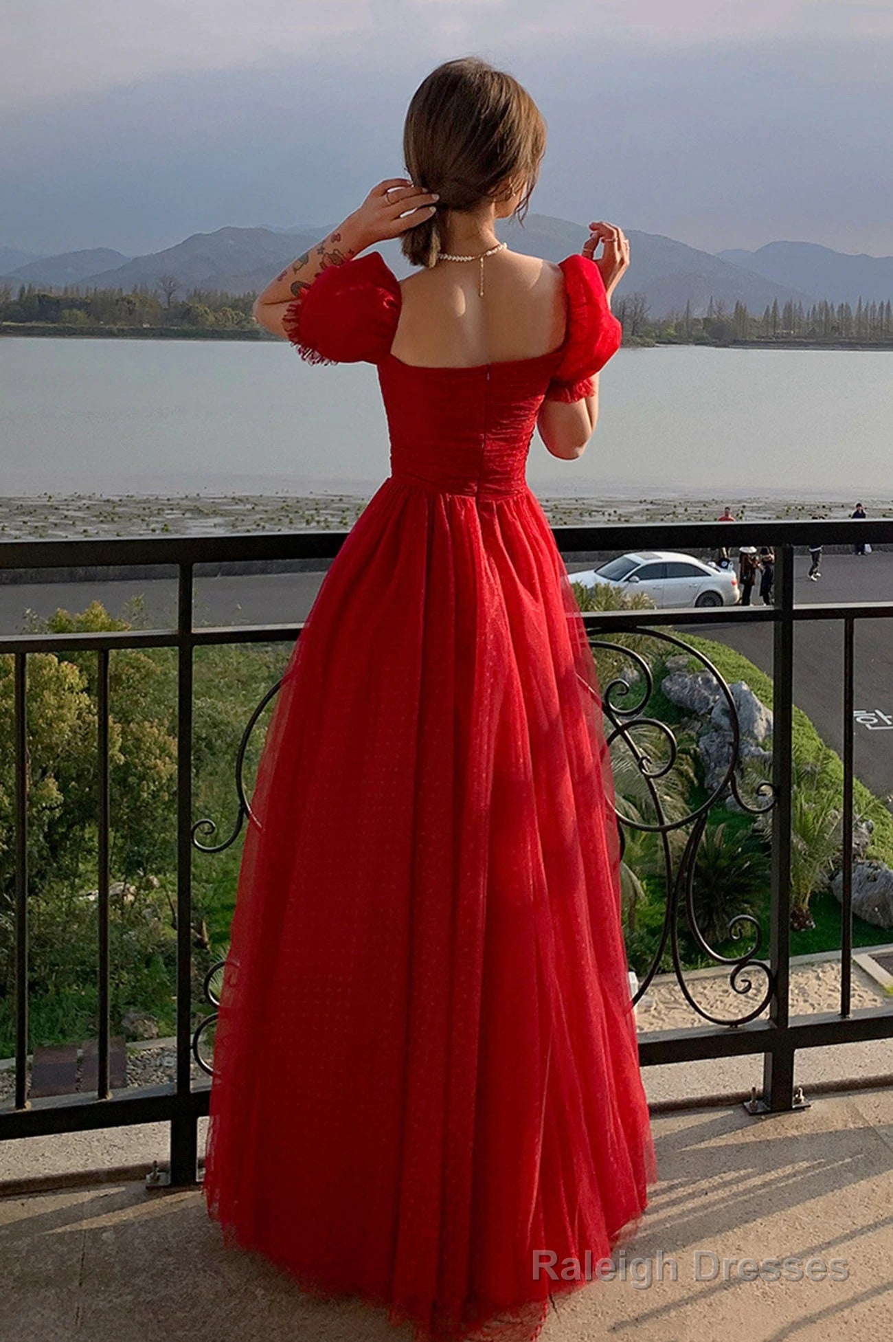 Beautiful Red Short Sleeves Tulle Prom Dress Party Dress, Red Evening Gown Formal Dresses Secondary image