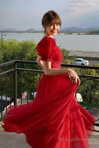 Beautiful Red Short Sleeves Tulle Prom Dresseses Red Prom Gowns Prom Dress