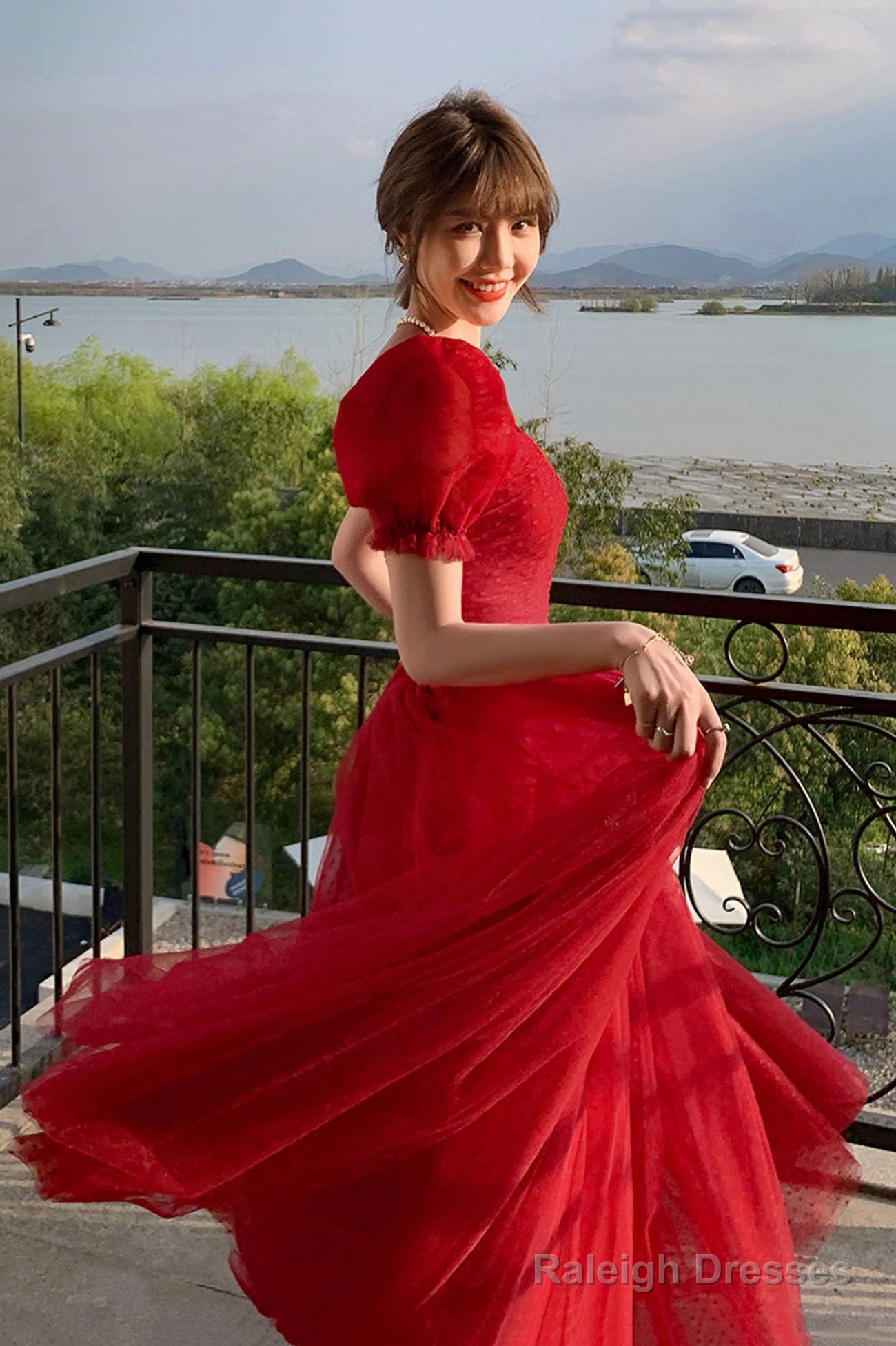 Beautiful Red Short Sleeves Tulle Prom Dresseses Red Prom Gowns Prom Dress