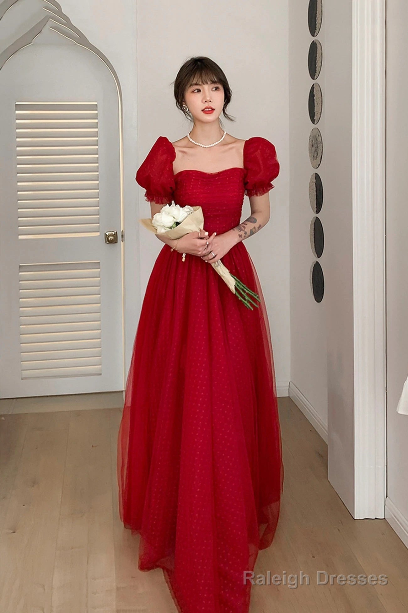 Beautiful Red Short Sleeves Tulle Prom Dresseses Red Prom Gowns Prom Dress