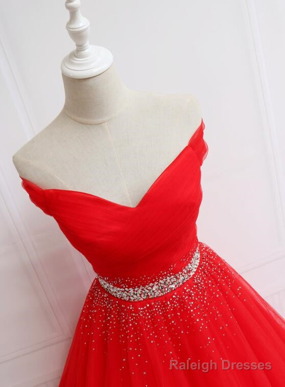 Beautiful Red Tulle Off Shoulder Long Formal Gown , Red Sweet 16 Dresses