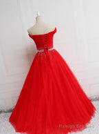 Beautiful Red Tulle Off Shoulder Long Formal Gown , Red Sweet 16 Dresses