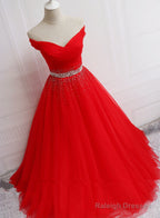 Beautiful Red Tulle Off Shoulder Long Formal Gown , Red Sweet 16 Dresses