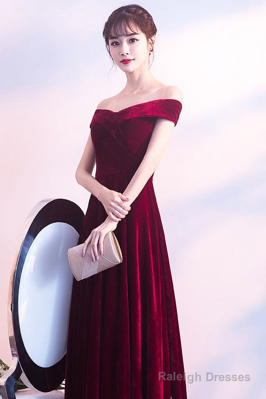 Beautiful Red Velvet Prom Dress , Long Off Shoulder Bridesmaid Dress Secondary image