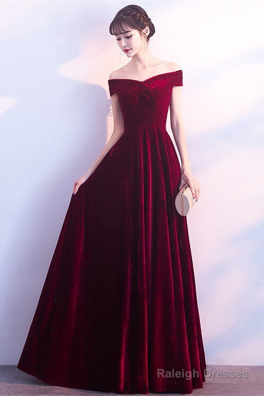 Beautiful Red Velvet Prom Dress , Long Off Shoulder Bridesmaid Dress Main image