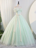 Beautiful Sage Green Tulle Floor Length Prom Dresses, A-Line Off The Shoulder Evening Part Dresses