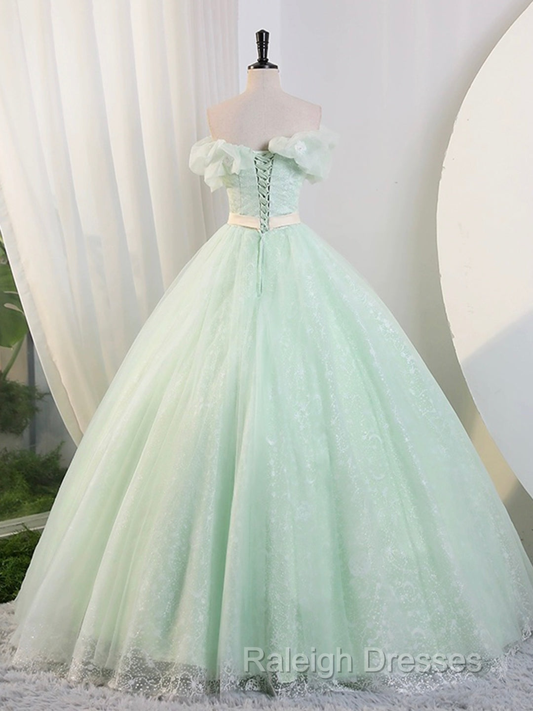 Beautiful Sage Green Tulle Floor Length Prom Dresses, A-Line Off The Shoulder Evening Part Dresses
