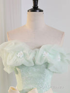 Beautiful Sage Green Tulle Floor Length Prom Dresses, A-Line Off The Shoulder Evening Part Dresses