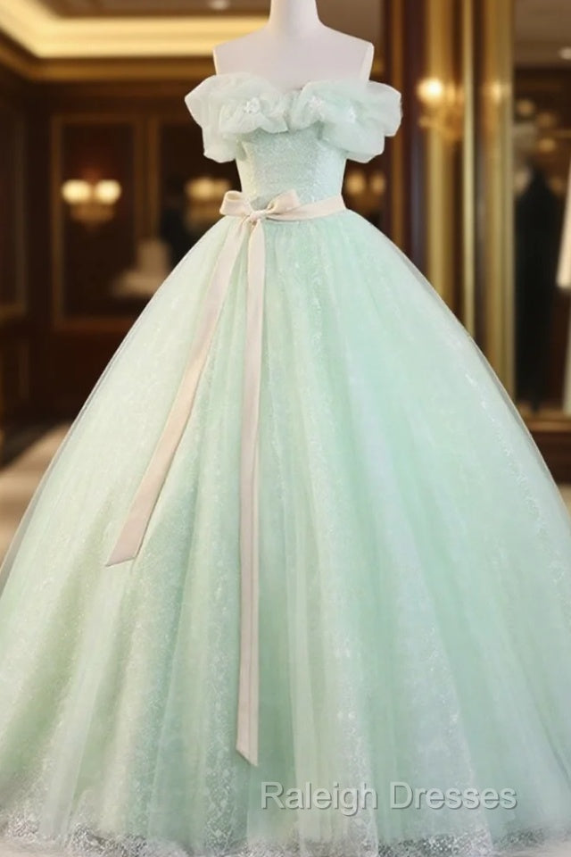 Beautiful Sage Green Tulle Floor Length Prom Dresses, A-Line Off The Shoulder Evening Part Dresses Main image