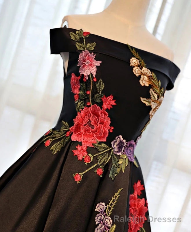 Beautiful Satin Black Tea Length Party Dress, Floral Black Formal Dress