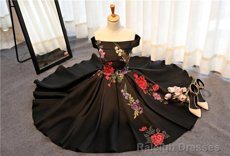 Beautiful Satin Black Tea Length Party Dress, Floral Black Formal Dress