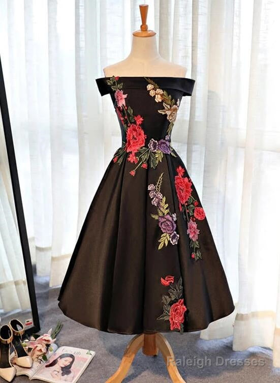 Beautiful Satin Black Tea Length Party Dress, Floral Black Formal Dress Main image