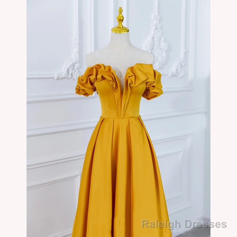 Beautiful Satin Dark Yellow Off Shoulder Party Dress, A-Line Satin Prom Dress
