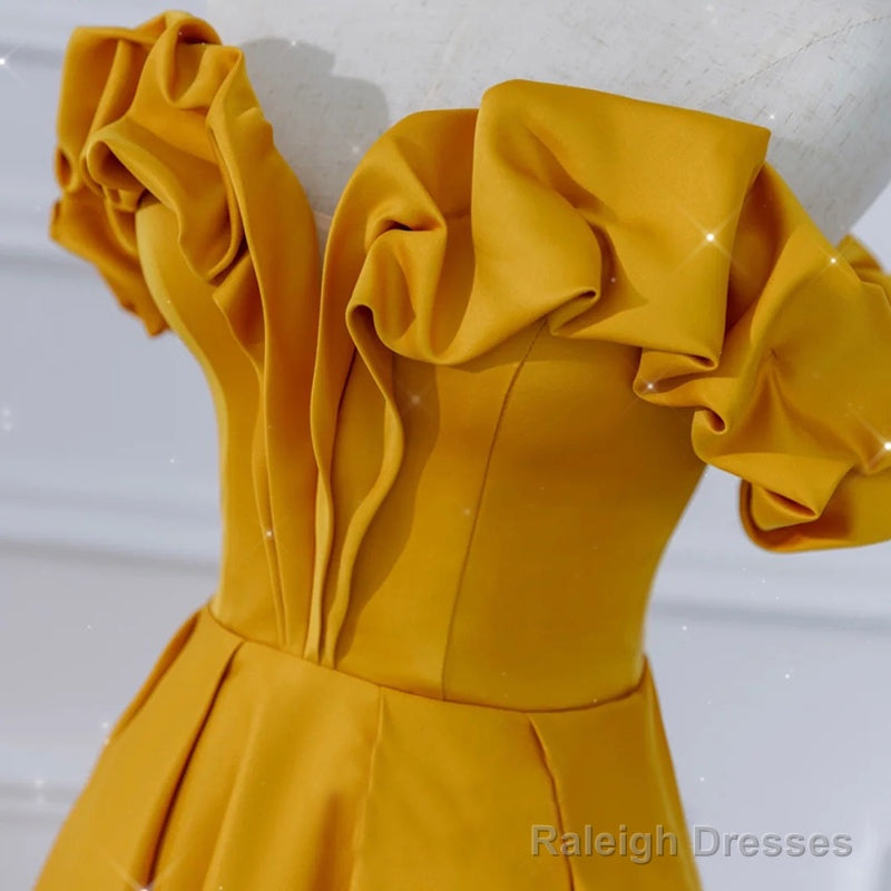 Beautiful Satin Dark Yellow Off Shoulder Party Dress, A-Line Satin Prom Dress