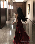 Beautiful Satin Long Mermaid Straps Prom Dresseses Wine Red Satin Prom Dresses