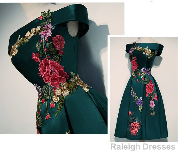 Beautiful Satin Short Flower Off Shoulder Bridesmaid Dress, Cute Homecoming Dress