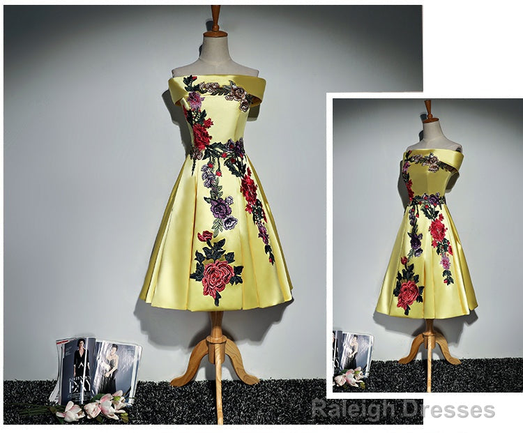 Beautiful Satin Short Flower Off Shoulder Bridesmaid Dress, Cute Homecoming Dress