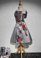 Beautiful Satin Short Flower Off Shoulder Bridesmaid Dress, Cute Homecoming Dress