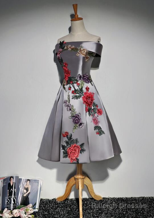 Beautiful Satin Short Flower Off Shoulder Bridesmaid Dress, Cute Homecoming Dress