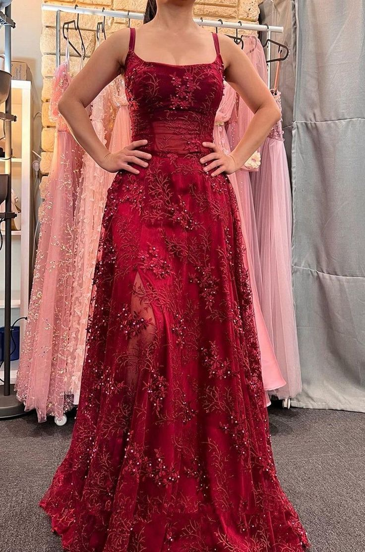 Beautiful Satin Spaghetti Straps Lace Appliques Prom Dresses Prom Dresses
