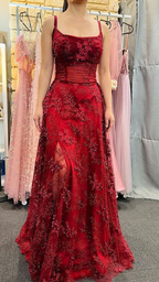 Beautiful Satin Spaghetti Straps Lace Appliques Prom Dresses Prom Dresses