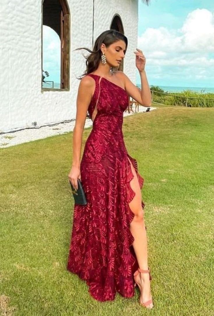 Beautiful Sheath One Shoulder Lace Prom Dresses Long Prom Dresses