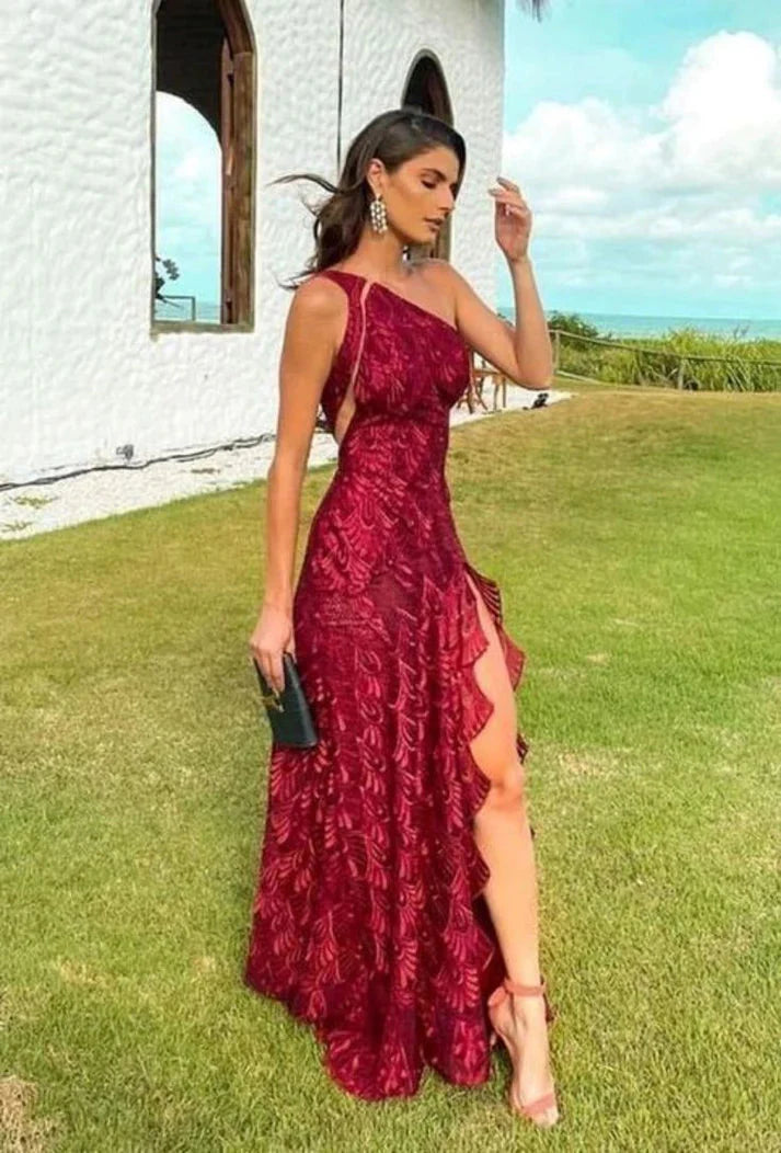 Beautiful Sheath One Shoulder Lace Long Prom Dress Evening Dress Main image