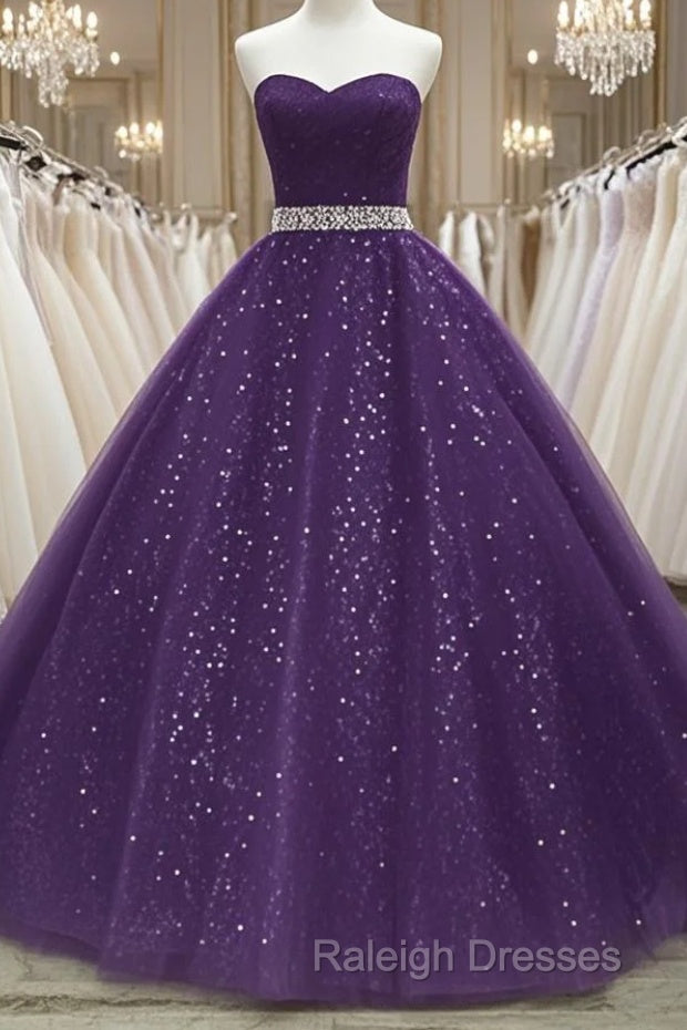 Beautiful Shiny Purple Tulle Beaded Ball Gonw Party Dress, Purple Prom Dresses Main image