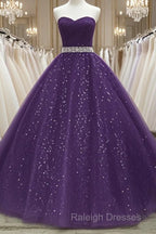 Beautiful Shiny Purple Tulle Beaded Ball Gonw Party Dress, Purple Prom Dresses
