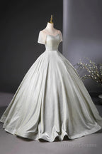 Beautiful Silver Glitter Floor Length Prom Dresses A-Line Short Sleeve Prom Dresses