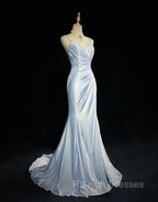 Beautiful Spaghetti Strap Mermaid Glitter Satin Long Prom Backless Applique Prom Gowns Simple Wedding Dress