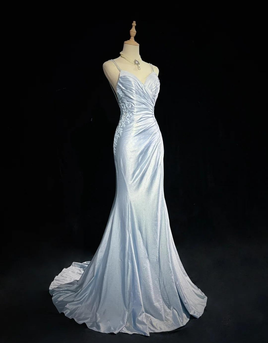 Beautiful Spaghetti Strap Mermaid Glitter Satin Long Prom Backless Applique Prom Gowns Simple Wedding Dresses Secondary image