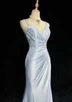 Beautiful Spaghetti Strap Mermaid Glitter Satin Long Prom Backless Applique Evening Gown Simple Wedding Dress