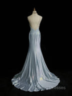 Beautiful Spaghetti Strap Mermaid Glitter Satin Long Prom Backless Applique Prom Gowns Simple Wedding Dress