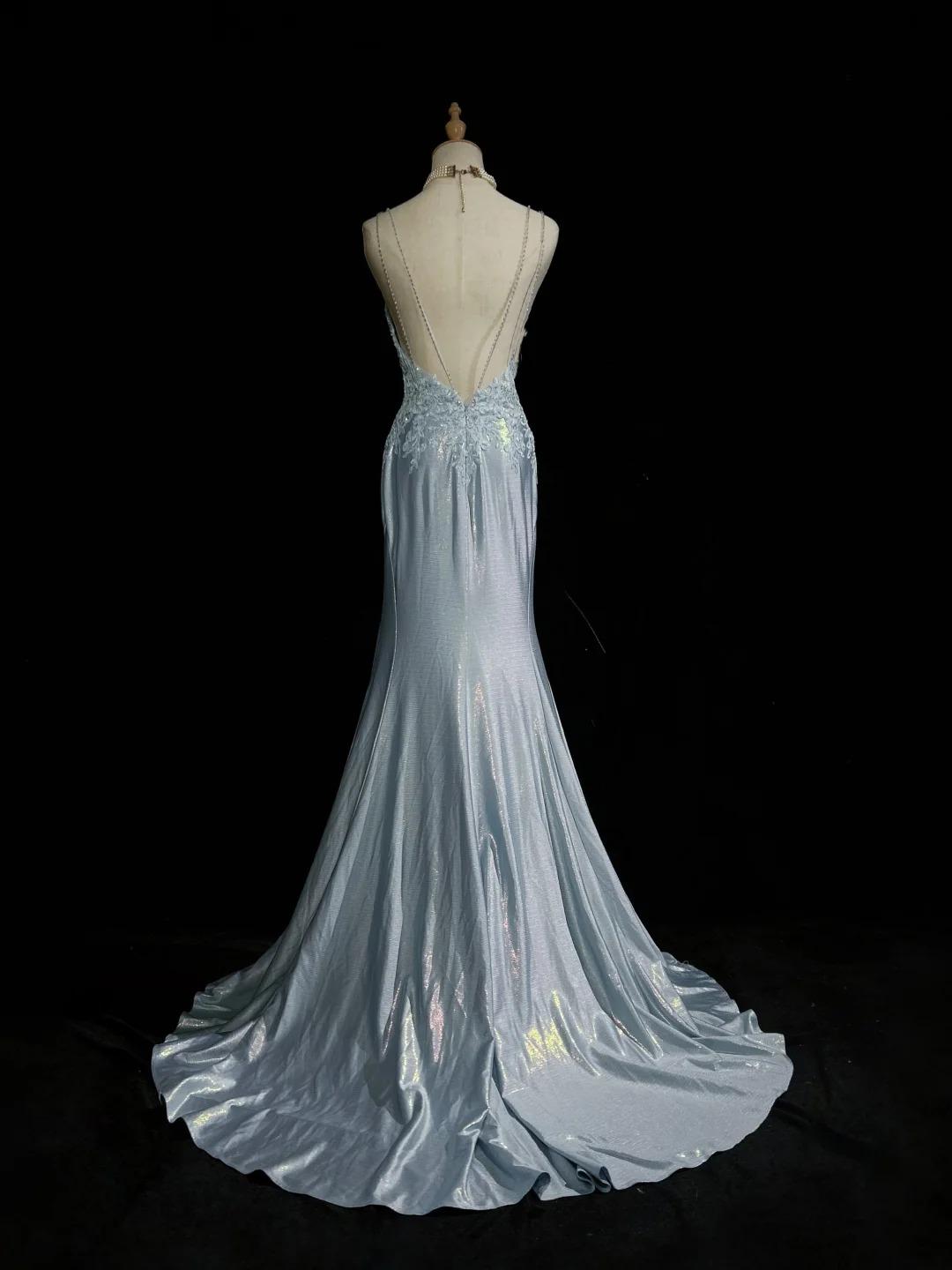 Beautiful Spaghetti Strap Mermaid Glitter Satin Long Prom Backless Applique Evening Gown Simple Wedding Dress