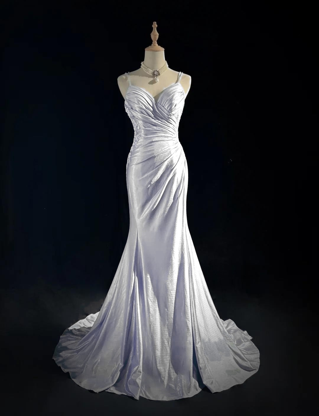 Beautiful Spaghetti Strap Mermaid Glitter Satin Long Prom Backless Applique Evening Gown Simple Wedding Dress