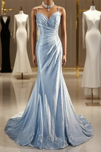 Beautiful Spaghetti Strap Mermaid Glitter Satin Long Prom Backless Applique Evening Gown Simple Wedding Dress
