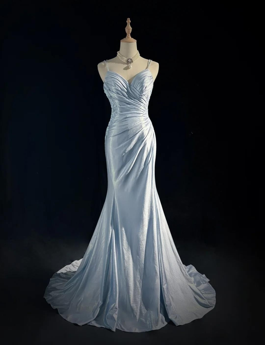 Beautiful Spaghetti Strap Mermaid Glitter Satin Long Prom Backless Applique Prom Gowns Simple Wedding Dresses
