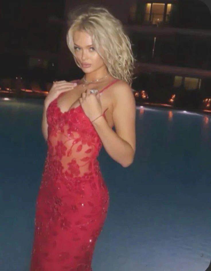 Red Fashion Elegant Lace Spaghetti Strap Long Birthday Prom Dresses Prom Dresses Prom Dresses