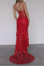 Red Fashion Sexy Elegant Lace Spaghetti Strap Long Birthday Party Dress Prom Dress Evening Dress