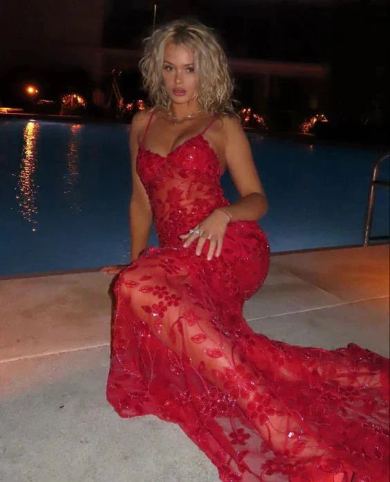 Red Fashion Sexy Elegant Lace Spaghetti Strap Long Birthday Party Dress Prom Dress Evening Dress Secondary image