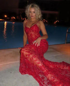 Red Fashion Sexy Elegant Lace Spaghetti Strap Long Birthday Party Dress Prom Dress Evening Dress