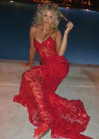 Beautiful Spaghetti Straps Birthday Prom Dress Red Lace Prom Dress