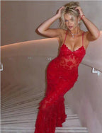 Beautiful Spaghetti Straps Birthday Prom Dress Red Lace Prom Dress