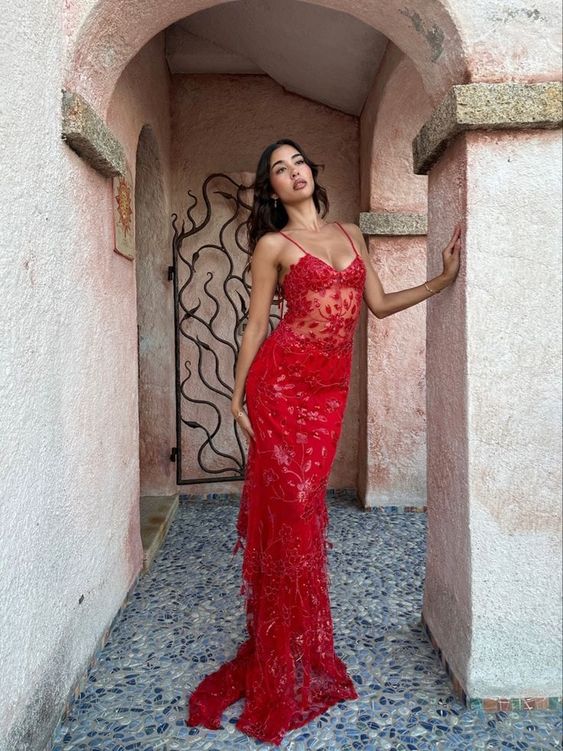 Beautiful Spaghetti Straps Birthday Prom Dress Red Lace Prom Dress