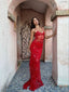 Beautiful Spaghetti Straps Birthday Prom Dress Red Lace Prom Dress