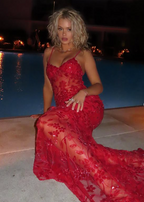 Beautiful Spaghetti Straps Birthday Prom Dress Red Lace Prom Dress